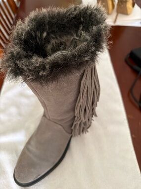 Faux Fur Trim Suede Fringe Mid-Calf Boot - Taupe